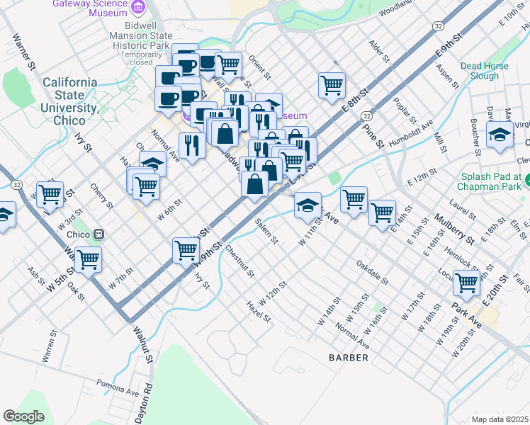 map of restaurants, bars, coffee shops, grocery stores, and more near 231 W 9th St in Chico