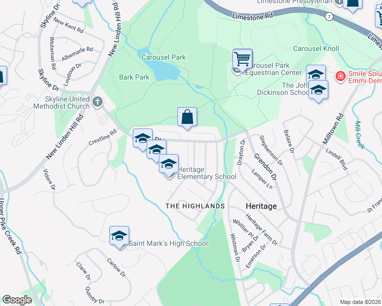 map of restaurants, bars, coffee shops, grocery stores, and more near 2734 Barnsley Road in Wilmington