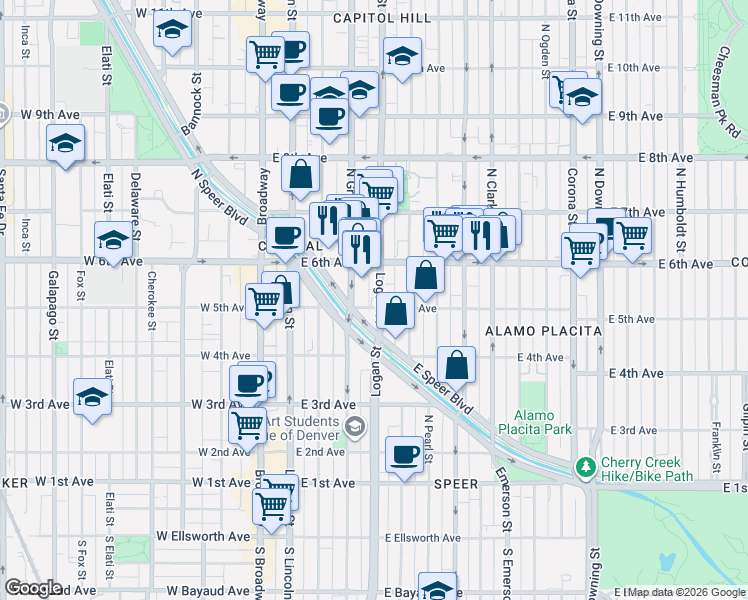 map of restaurants, bars, coffee shops, grocery stores, and more near 500 Logan Street in Denver