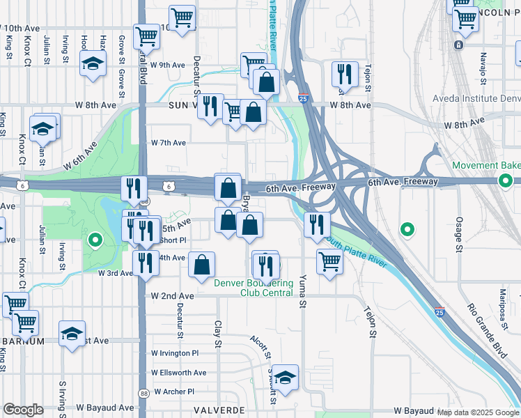 map of restaurants, bars, coffee shops, grocery stores, and more near 535 Alcott Street in Denver