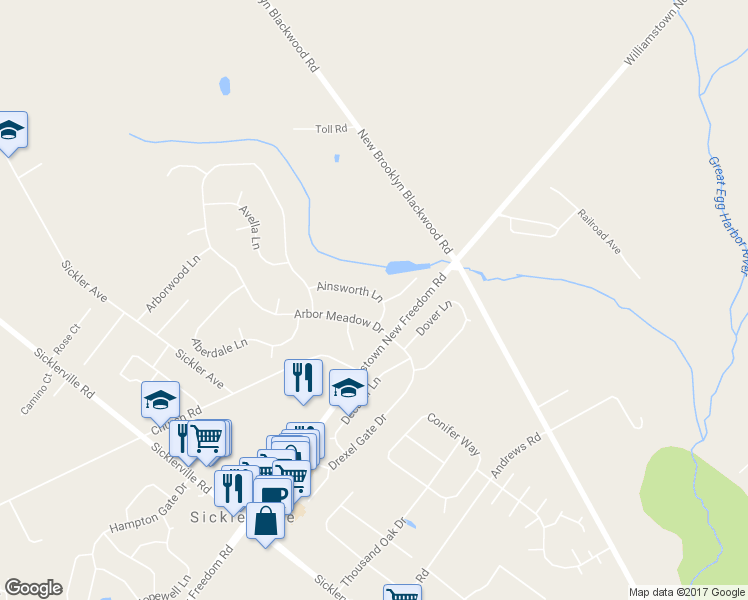 map of restaurants, bars, coffee shops, grocery stores, and more near 11 Ainsworth Lane in Sicklerville