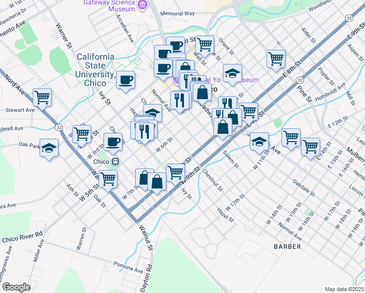 map of restaurants, bars, coffee shops, grocery stores, and more near W 7th St & Chestnut St in Chico