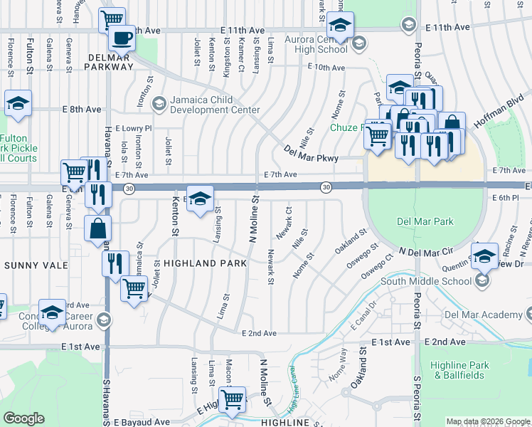 map of restaurants, bars, coffee shops, grocery stores, and more near 578 Newark Street in Aurora