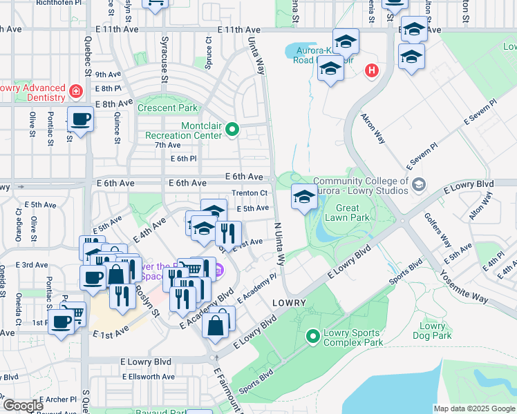 map of restaurants, bars, coffee shops, grocery stores, and more near 508 Ulster Way in Denver