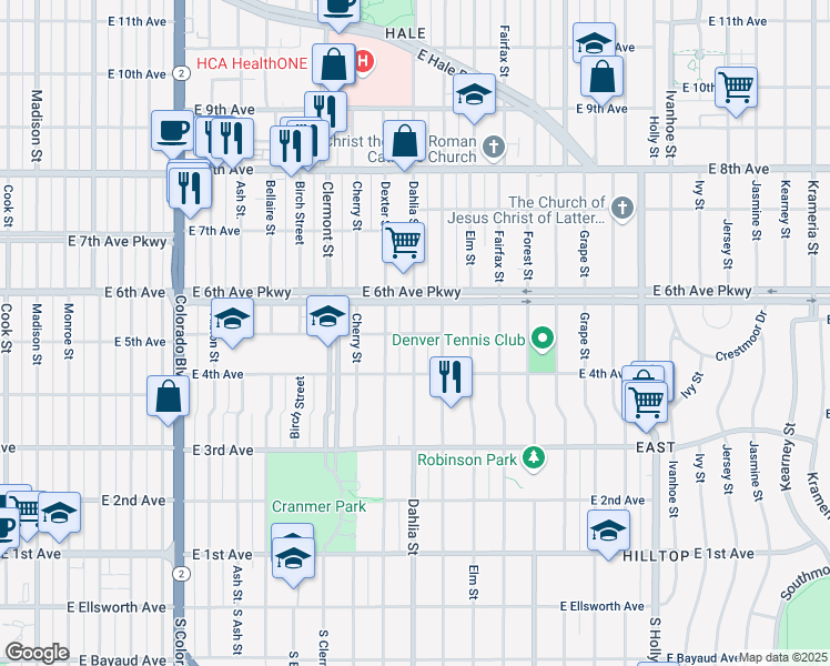 map of restaurants, bars, coffee shops, grocery stores, and more near 501 Eudora Street in Denver