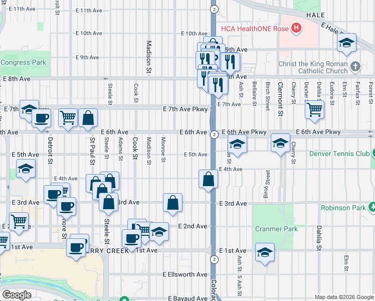 map of restaurants, bars, coffee shops, grocery stores, and more near 525 Jackson Street in Denver