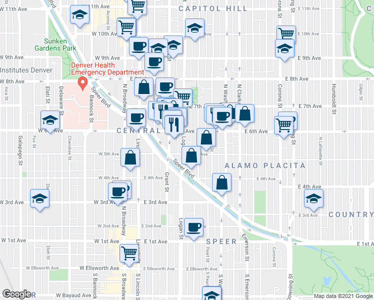 map of restaurants, bars, coffee shops, grocery stores, and more near 520 Logan Street in Denver