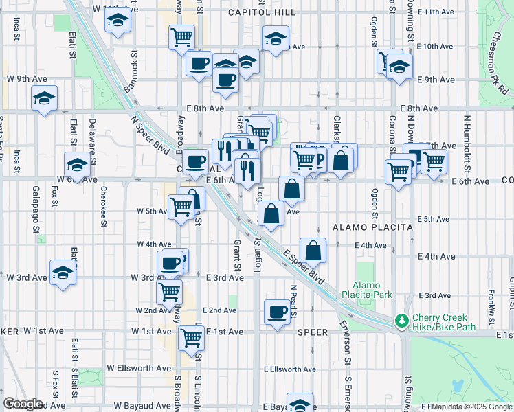 map of restaurants, bars, coffee shops, grocery stores, and more near 520 Logan Street in Denver