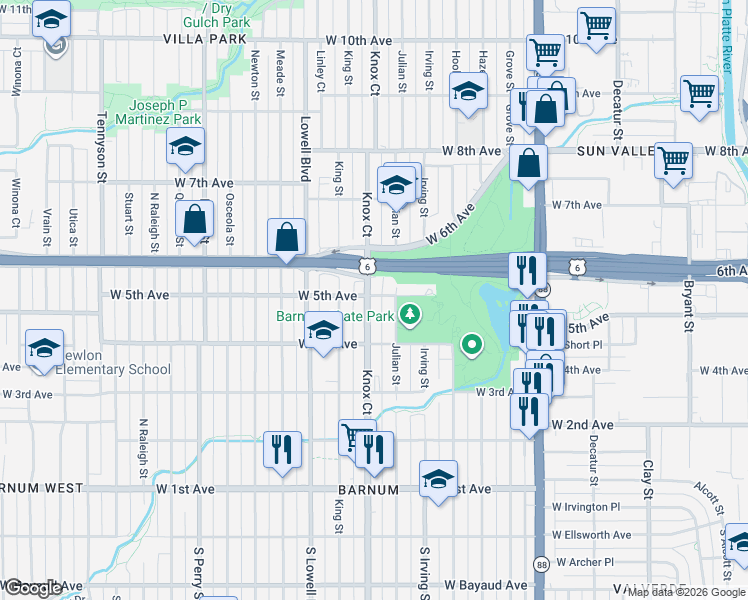 map of restaurants, bars, coffee shops, grocery stores, and more near 477 Julian Street in Denver