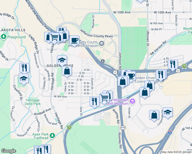 map of restaurants, bars, coffee shops, grocery stores, and more near 261 Marble Circle in Golden