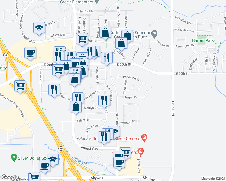map of restaurants, bars, coffee shops, grocery stores, and more near 2140 Notre Dame Boulevard in Chico
