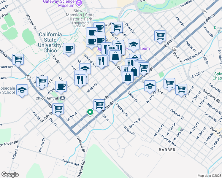 map of restaurants, bars, coffee shops, grocery stores, and more near 726 Normal Avenue in Chico