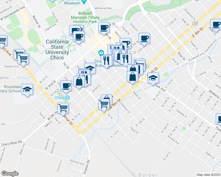 map of restaurants, bars, coffee shops, grocery stores, and more near 504 West 7th Street in Chico