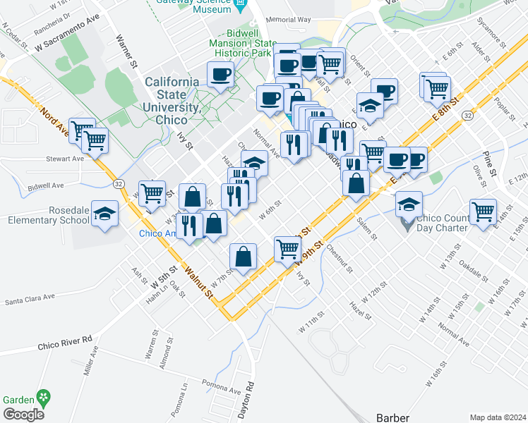 map of restaurants, bars, coffee shops, grocery stores, and more near 544 Hazel Street in Chico