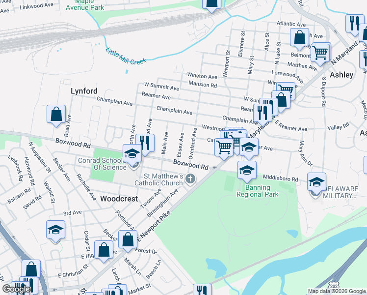 map of restaurants, bars, coffee shops, grocery stores, and more near 512 Essex Avenue in Wilmington