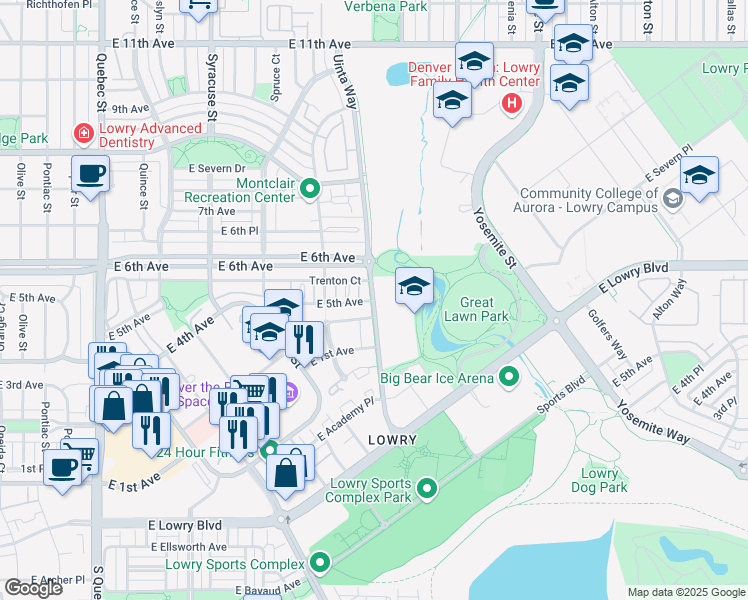 map of restaurants, bars, coffee shops, grocery stores, and more near East 5th Avenue in Denver