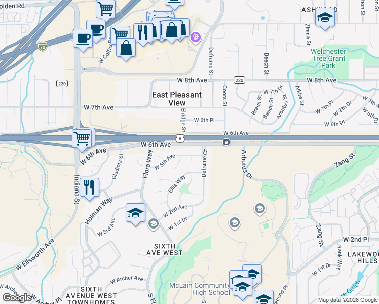 map of restaurants, bars, coffee shops, grocery stores, and more near 13959 West 5th Avenue in Golden