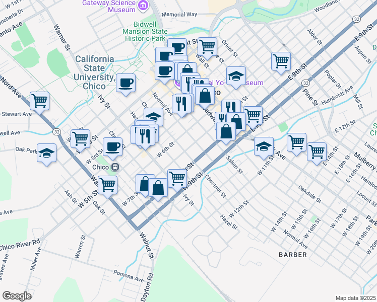 map of restaurants, bars, coffee shops, grocery stores, and more near 447 West 7th Street in Chico