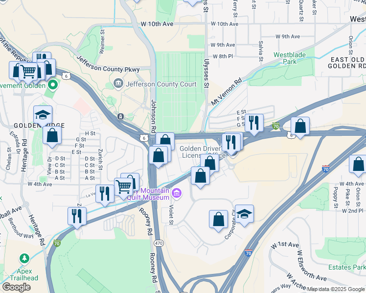 map of restaurants, bars, coffee shops, grocery stores, and more near Corporate Dr in Golden