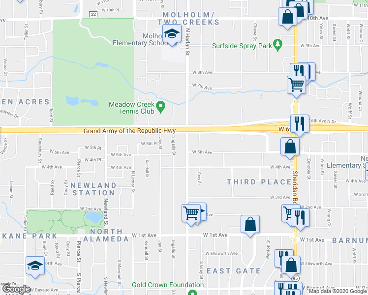 map of restaurants, bars, coffee shops, grocery stores, and more near 555 North Harlan Street in Lakewood