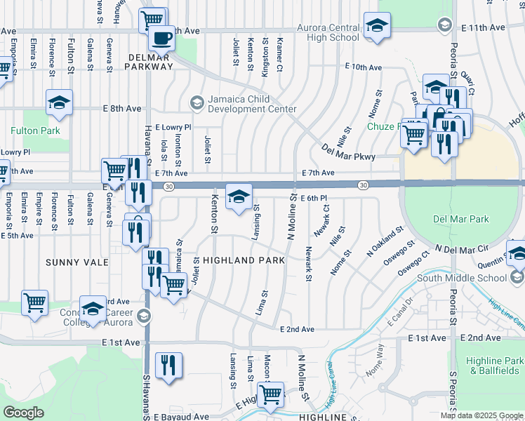 map of restaurants, bars, coffee shops, grocery stores, and more near 560 Lansing Street in Aurora