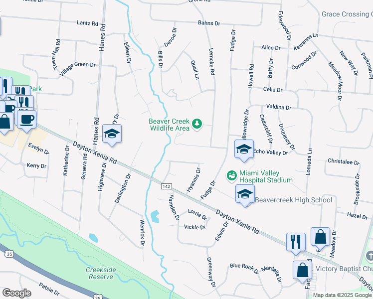 map of restaurants, bars, coffee shops, grocery stores, and more near 2791 Ater Drive in Dayton