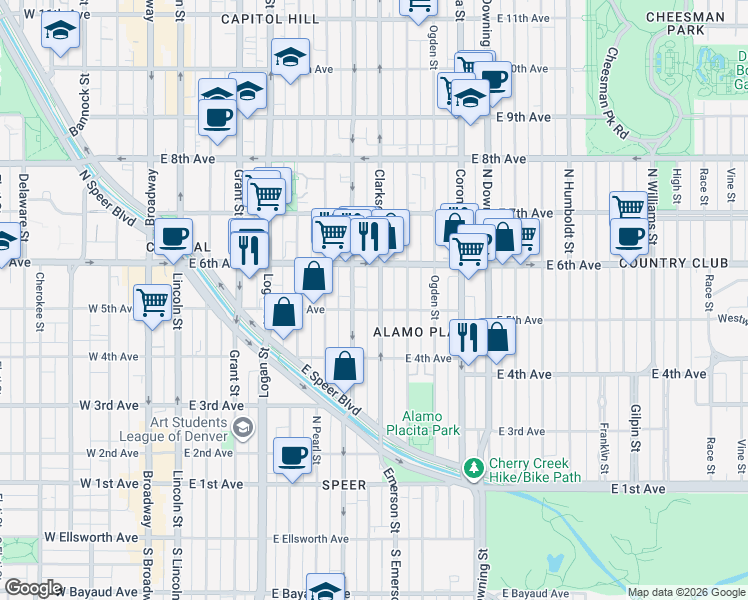 map of restaurants, bars, coffee shops, grocery stores, and more near 515 North Clarkson street in Denver