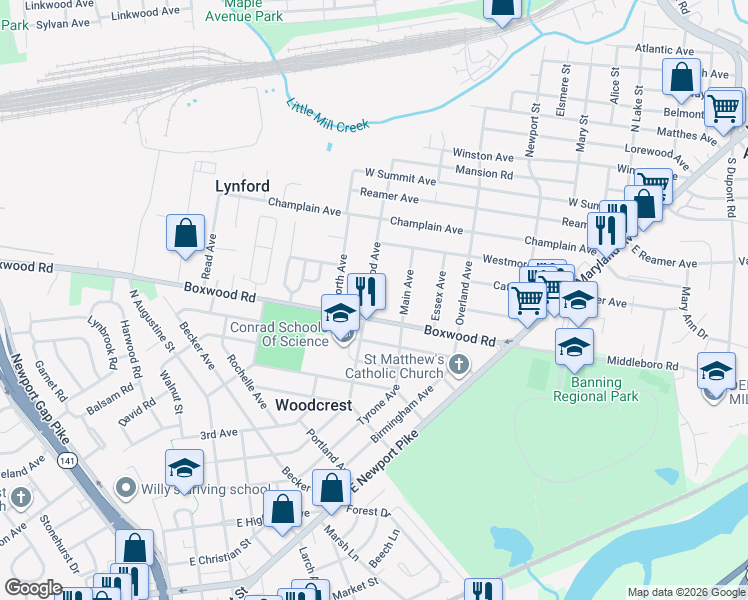 map of restaurants, bars, coffee shops, grocery stores, and more near 6 Boxwood Avenue in Wilmington