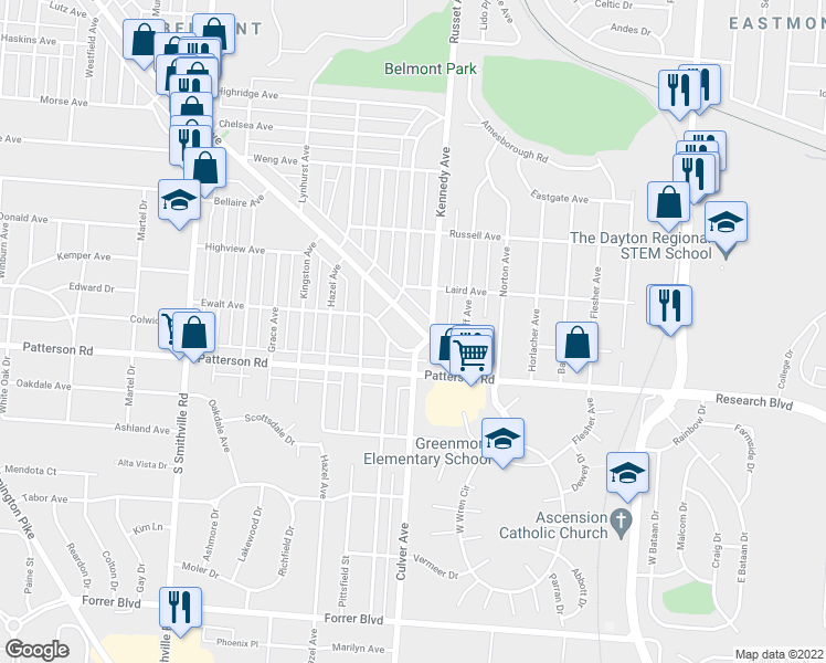 map of restaurants, bars, coffee shops, grocery stores, and more near 1533 Watervliet Avenue in Dayton
