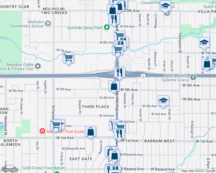 map of restaurants, bars, coffee shops, grocery stores, and more near 505 Sheridan Boulevard in Lakewood