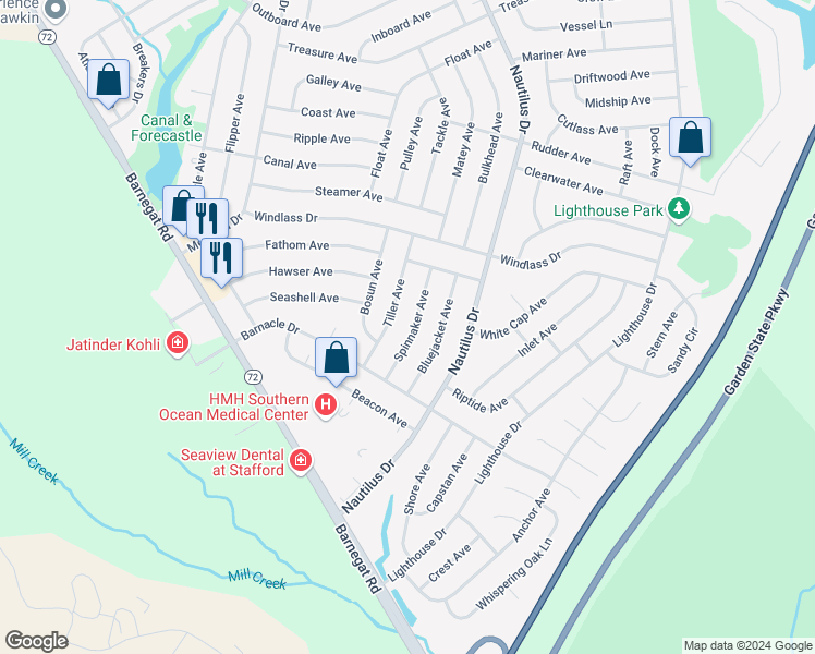 map of restaurants, bars, coffee shops, grocery stores, and more near 132 Spinnaker Avenue in Stafford Township