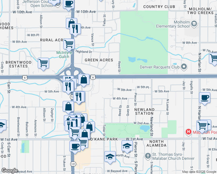 map of restaurants, bars, coffee shops, grocery stores, and more near 561 Saulsbury Street in Lakewood