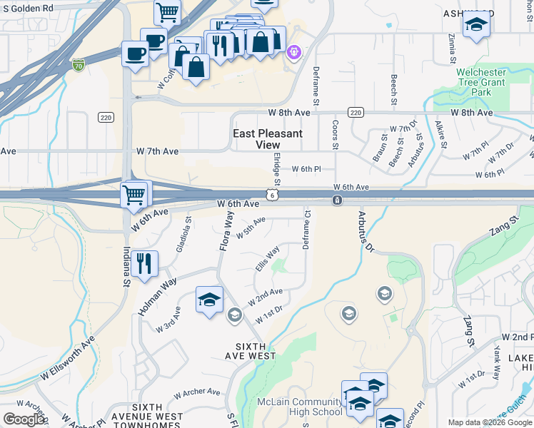 map of restaurants, bars, coffee shops, grocery stores, and more near 14079 West 5th Avenue in Golden