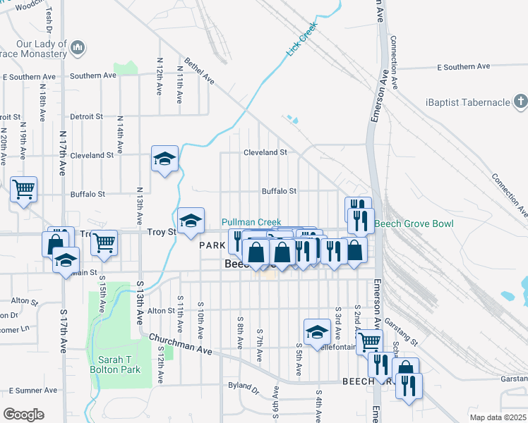 map of restaurants, bars, coffee shops, grocery stores, and more near 121 North 7th Avenue in Beech Grove