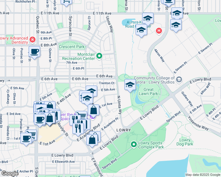 map of restaurants, bars, coffee shops, grocery stores, and more near 508 Ulster Way in Denver
