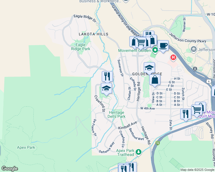 map of restaurants, bars, coffee shops, grocery stores, and more near 471 Tripp Drive in Golden