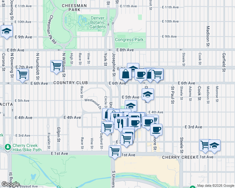 map of restaurants, bars, coffee shops, grocery stores, and more near 2401 East 5th Avenue in Denver