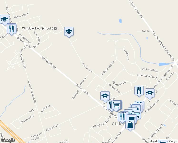 map of restaurants, bars, coffee shops, grocery stores, and more near 115 Rose Court in Sicklerville