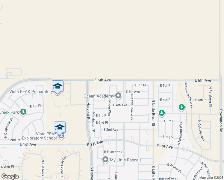 map of restaurants, bars, coffee shops, grocery stores, and more near 510 North Ider Way in Aurora