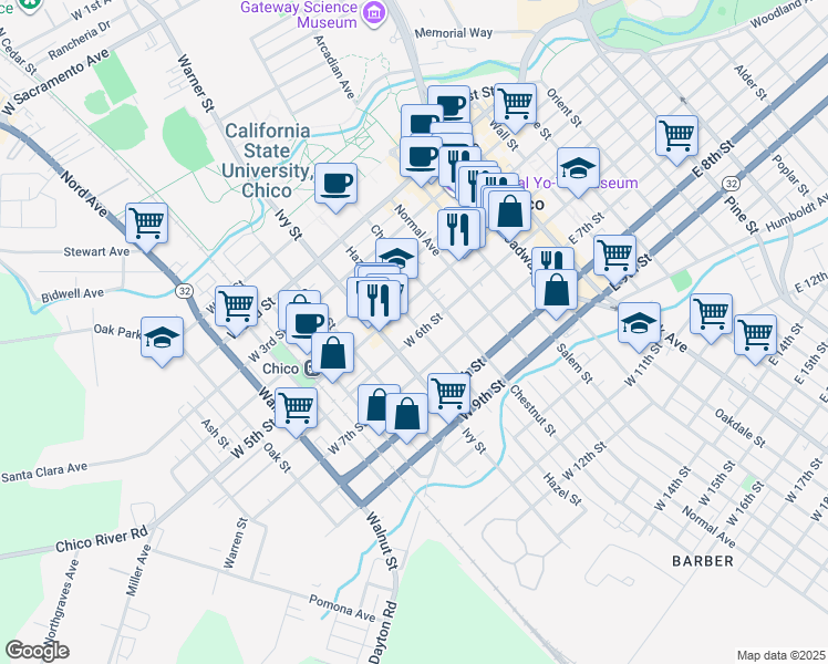 map of restaurants, bars, coffee shops, grocery stores, and more near 544 Hazel Street in Chico