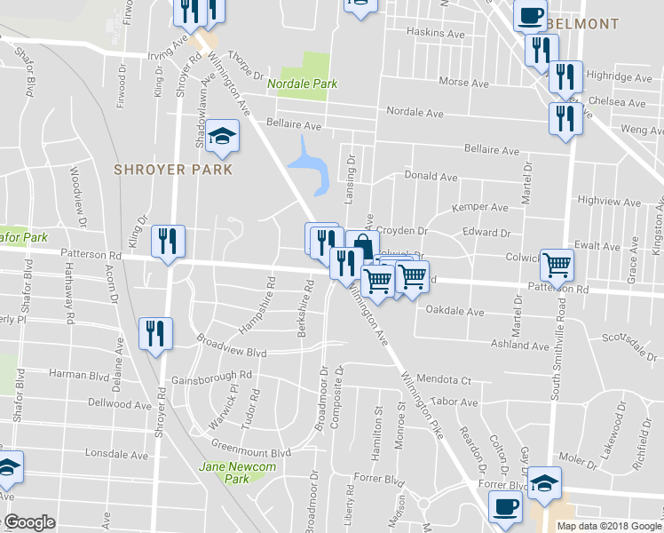 map of restaurants, bars, coffee shops, grocery stores, and more near 973 Patterson Road in Dayton