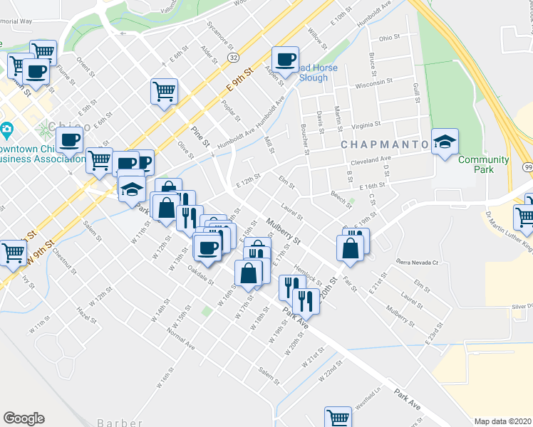 map of restaurants, bars, coffee shops, grocery stores, and more near 1505 Mulberry Street in Chico