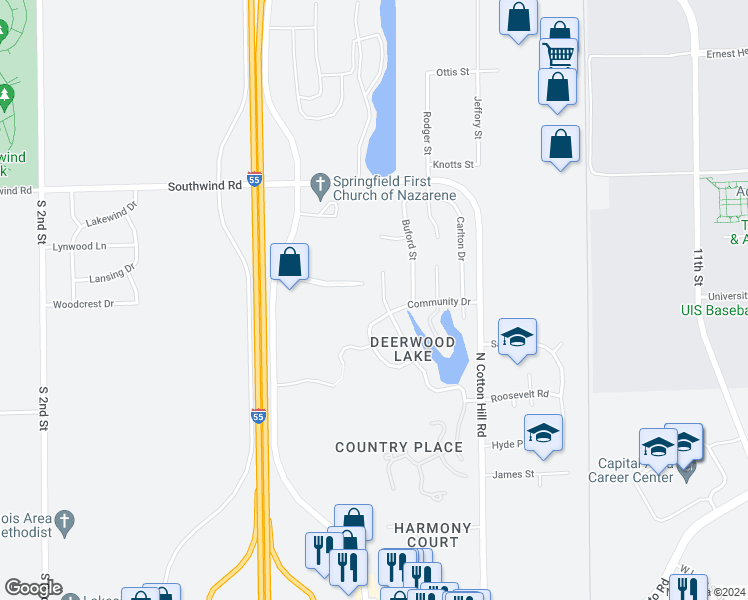 map of restaurants, bars, coffee shops, grocery stores, and more near 5221 Deerwood Lake in Springfield