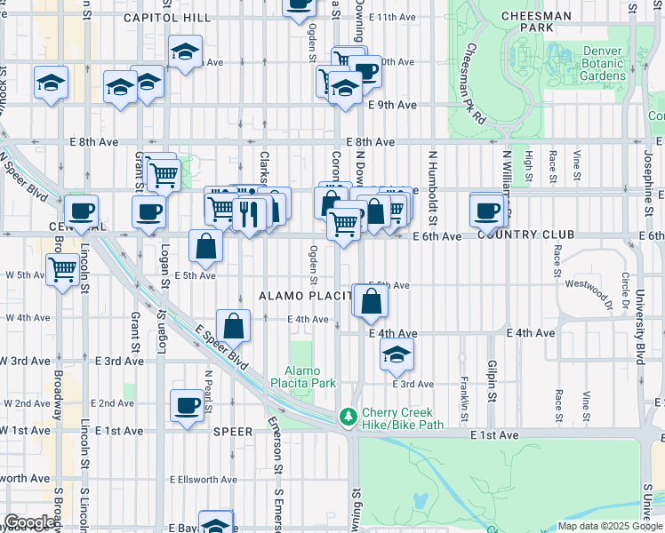 map of restaurants, bars, coffee shops, grocery stores, and more near 519 Corona Street in Denver