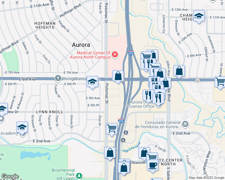 map of restaurants, bars, coffee shops, grocery stores, and more near 570 Potomac Street in Aurora