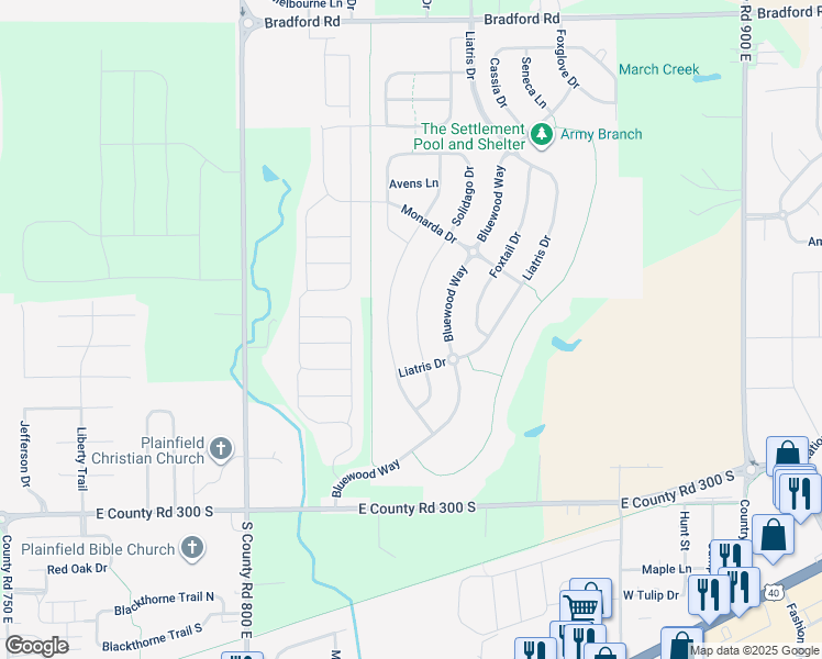 map of restaurants, bars, coffee shops, grocery stores, and more near 2638 Solidago Drive in Plainfield