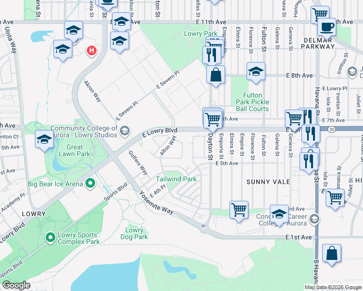 map of restaurants, bars, coffee shops, grocery stores, and more near 550 Alton Way in Denver