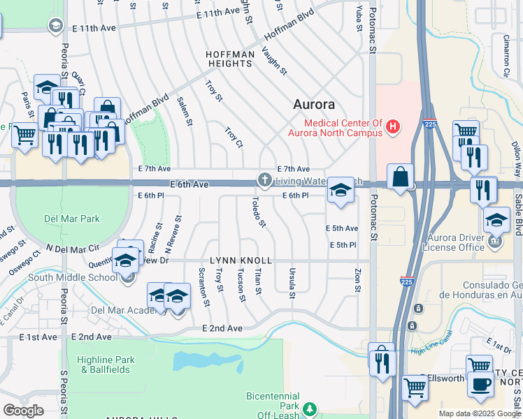 map of restaurants, bars, coffee shops, grocery stores, and more near 574 Toledo Street in Aurora