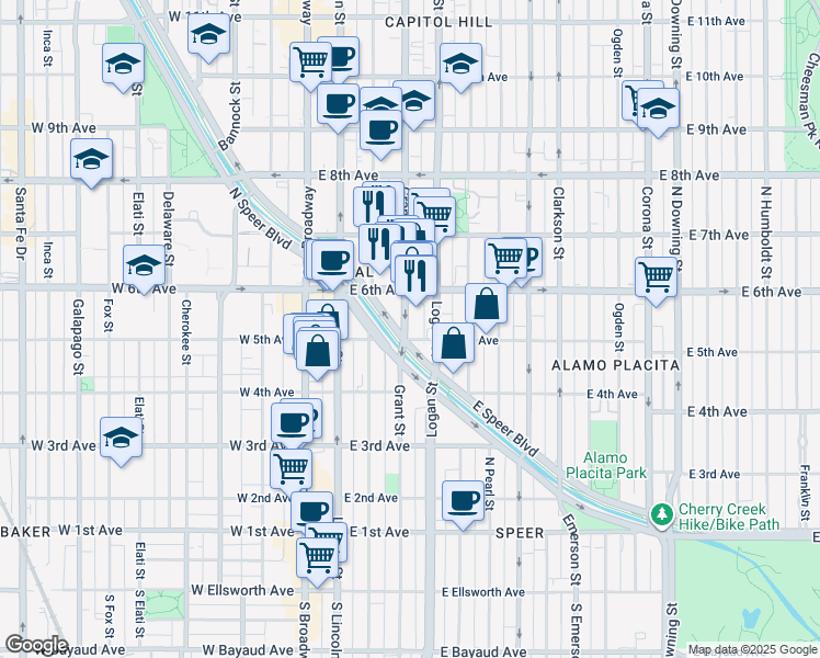 map of restaurants, bars, coffee shops, grocery stores, and more near 501 Grant Street in Denver