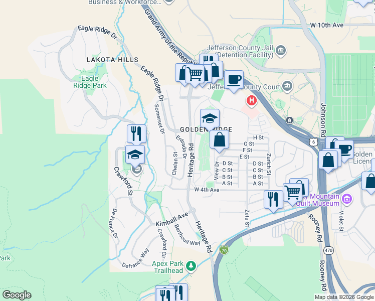 map of restaurants, bars, coffee shops, grocery stores, and more near 518 Entrada Drive in Golden